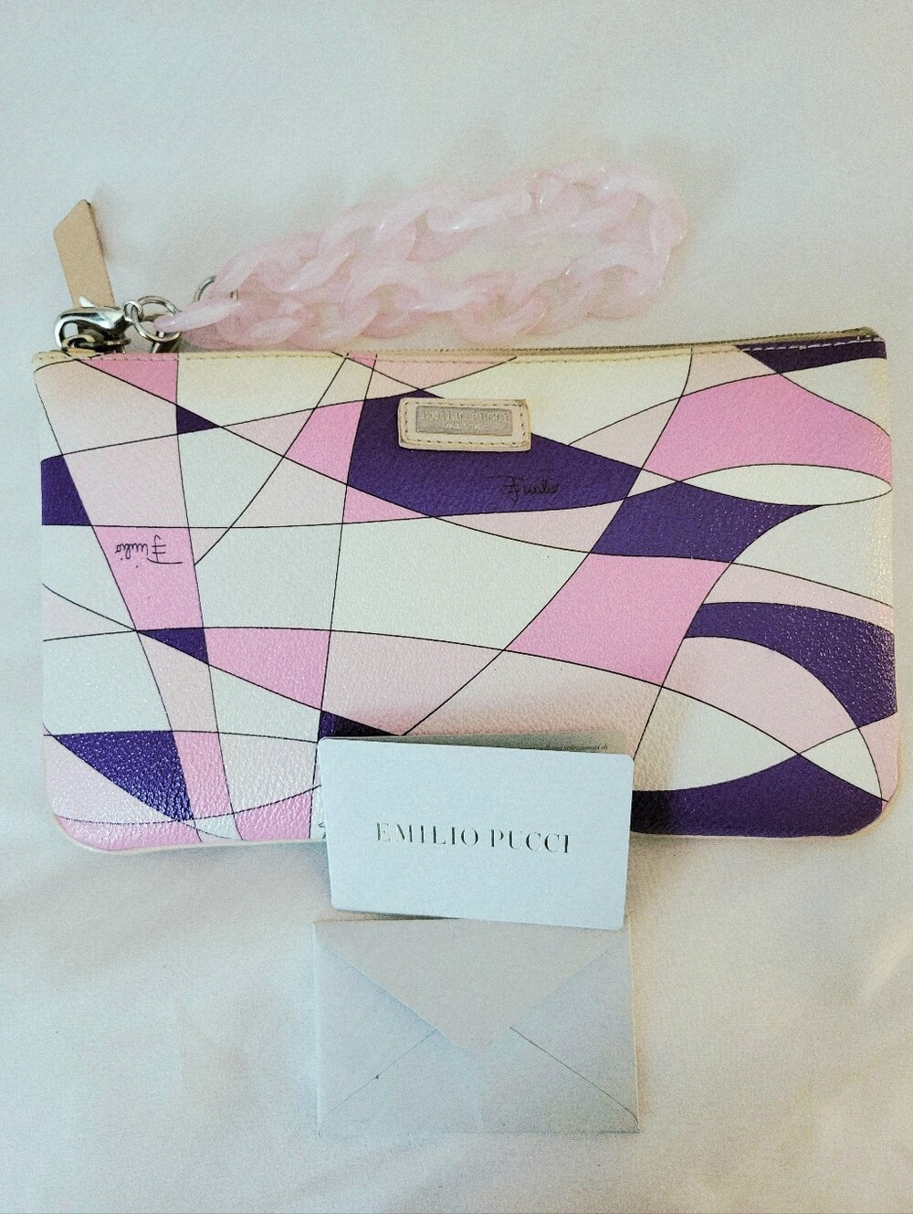 Emilio Pucci Leather Geometric Print Zip Pouch Clutch Bag 9x5